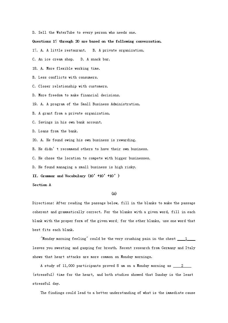 上海交通大学附属中学2020届高三上学期摸底考试英语试题03