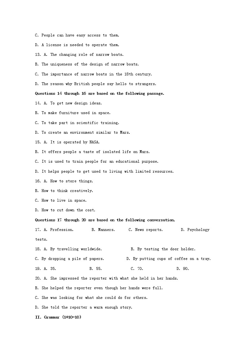 上海市七宝中学2020届高三上学期摸底考试英语试题03