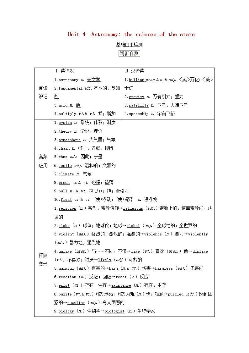 2021高考英语一轮统考复习第一部分教材重点全程攻略Book3Unit4Astronomythescienceofthestars学案含解析新人教版01