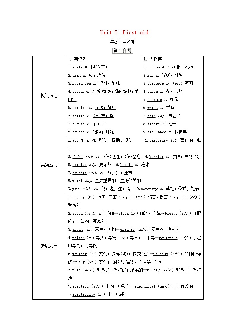 2021高考英语一轮统考复习第一部分教材重点全程攻略Book5Unit5Firstaid学案含解析新人教版01