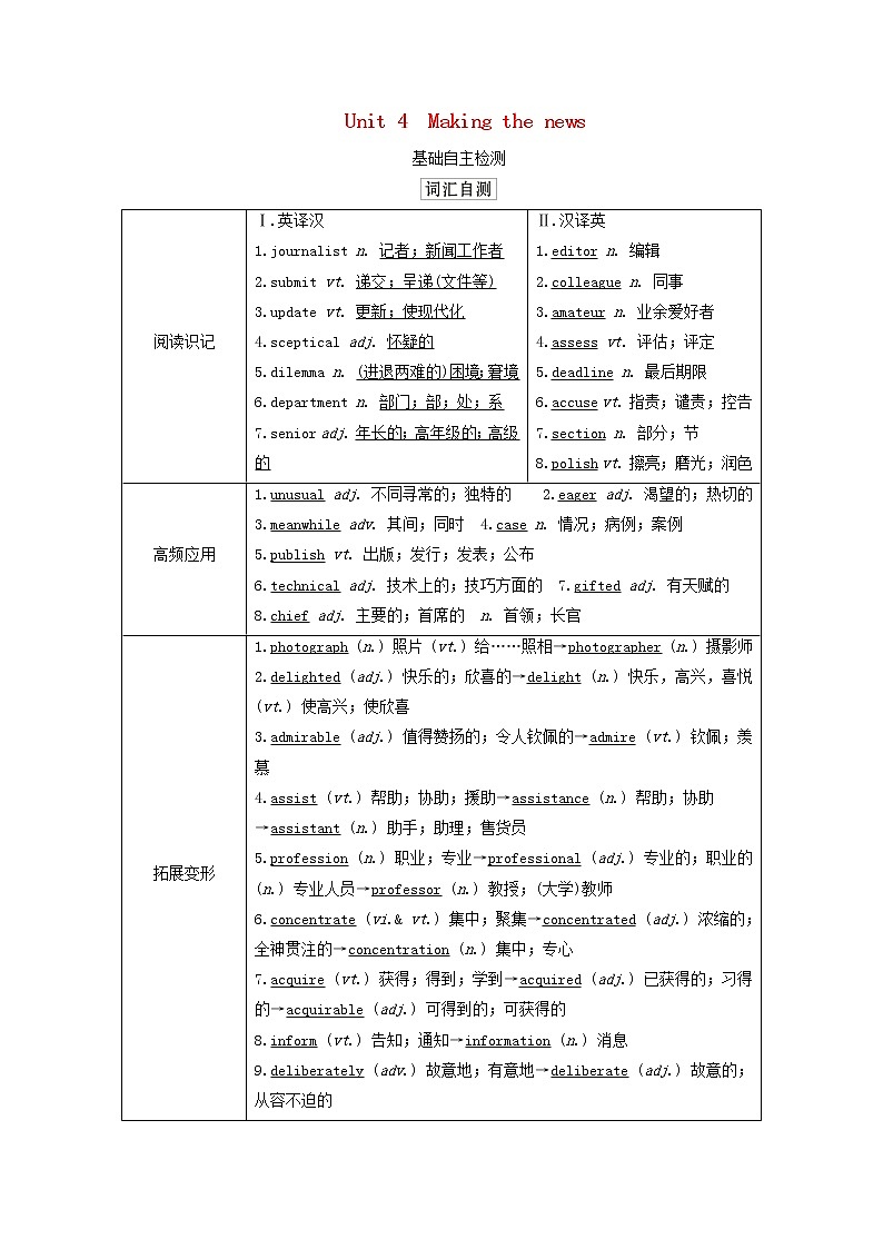 2021高考英语一轮统考复习第一部分教材重点全程攻略Book5Unit4Makingthenews学案含解析新人教版01