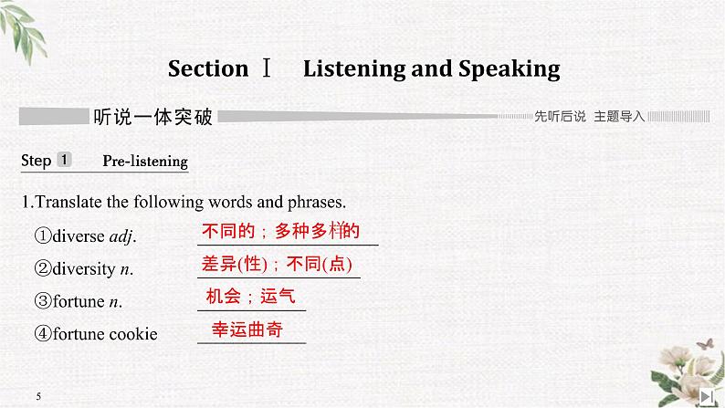 （新）人教版英语必修第三册课件：Unit 3 DIVERSE CULTURES Section Ⅰ Listening and Speaking05