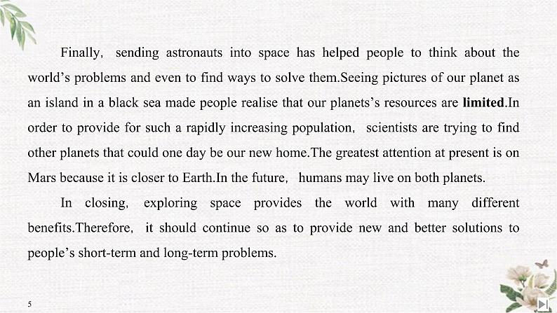 （新）人教版英语必修第三册课件：Unit 4 SPACE EXPLORATION Section Ⅶ　Reading for Writing——关于太空探索的正反对比议论文05