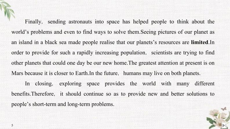 （新）人教版英语必修第三册课件：Unit 4 SPACE EXPLORATION Section Ⅶ　Reading for Writing——关于太空探索的正反对比议论文05