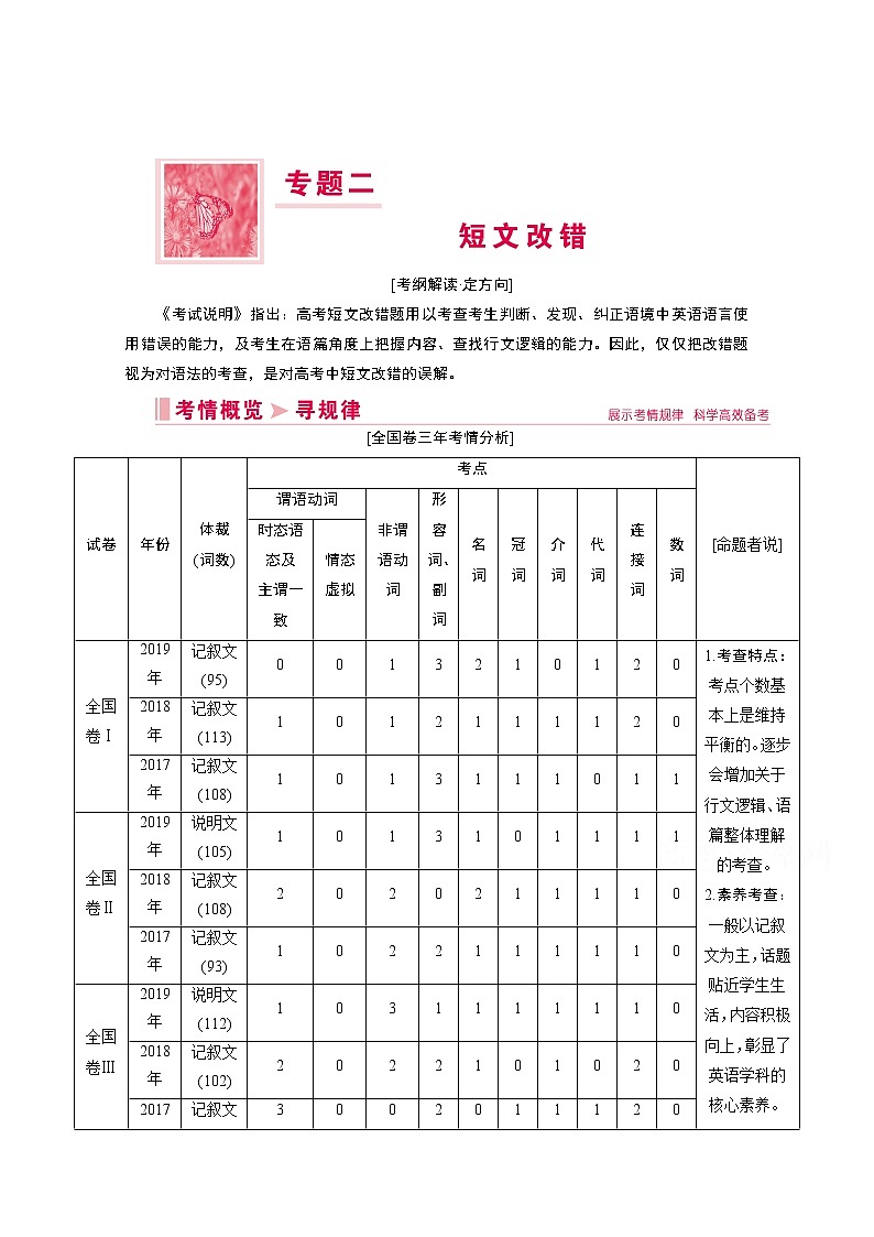 2020届高考英语二轮复习教师用书：第一板块专题二短文改错01