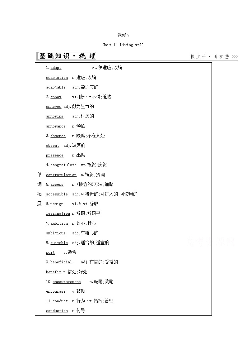 2021高考英语人教版一轮教师用书：选修7Unit1　Livingwell第1页