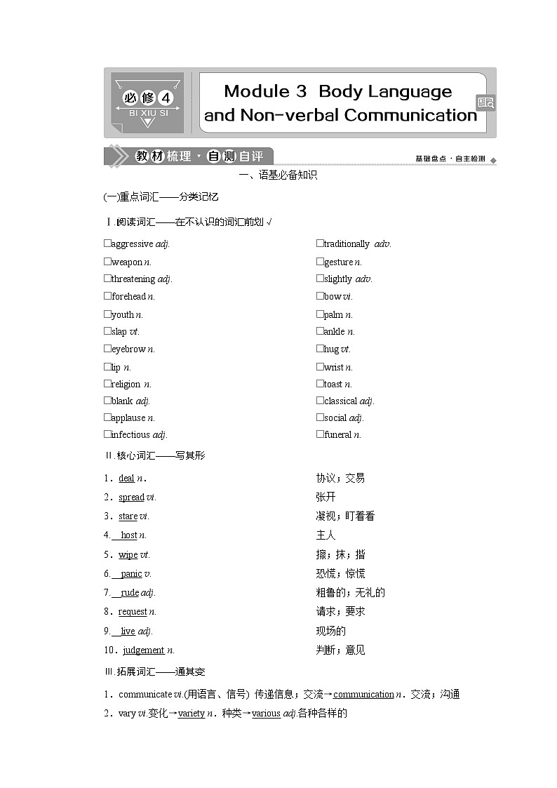 2021版高考英语（外研版）一轮复习教师用书：必修43Module3　BodyLanguageandNonverbalCommunication01