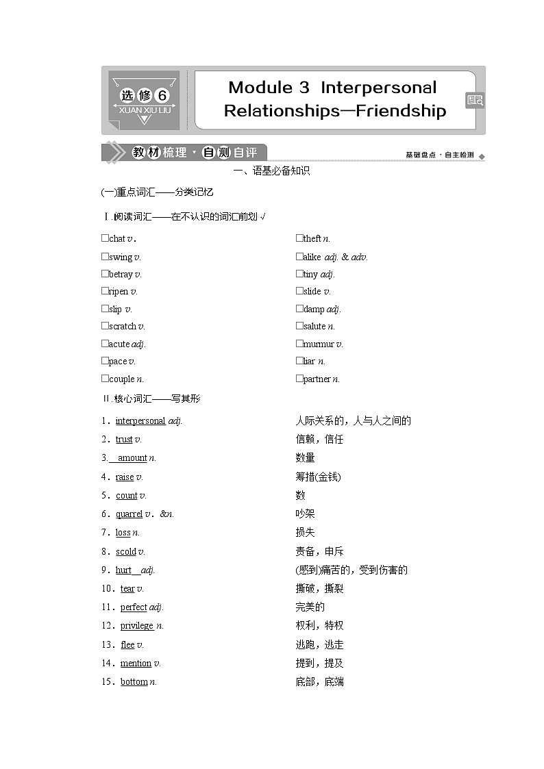 2021版高考英语（外研版）一轮复习教师用书：选修63Module3　InterpersonalRelationships—Friendship第1页