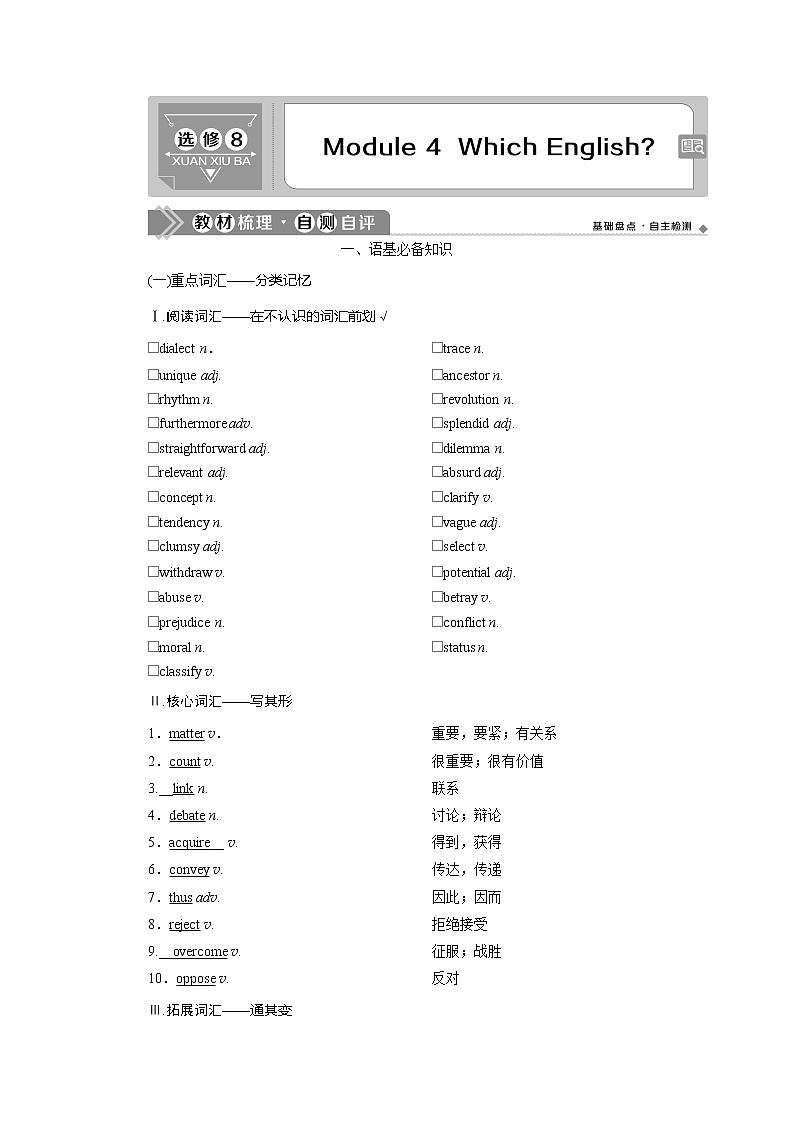 2021版高考英语（外研版）一轮复习教师用书：选修84Module4　WhichEnglish？第1页