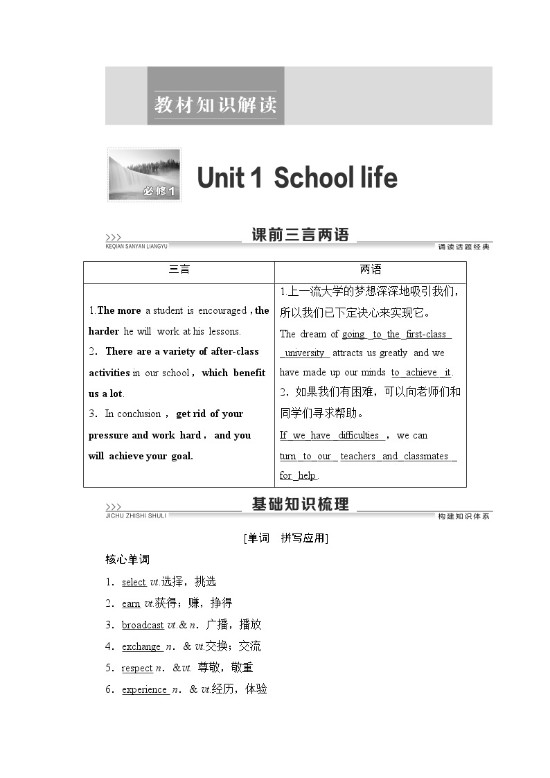 2021版新高考译林英语（江苏专版）一轮教师用书：必修1Unit1Schoollife01