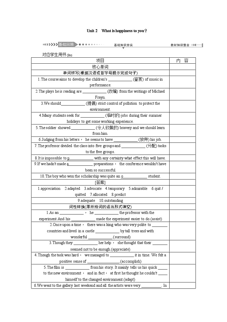 2021新课标名师导学高考英语译林版第一轮总复习讲义：选修6Unit2　Whatishappinesstoyou第1页
