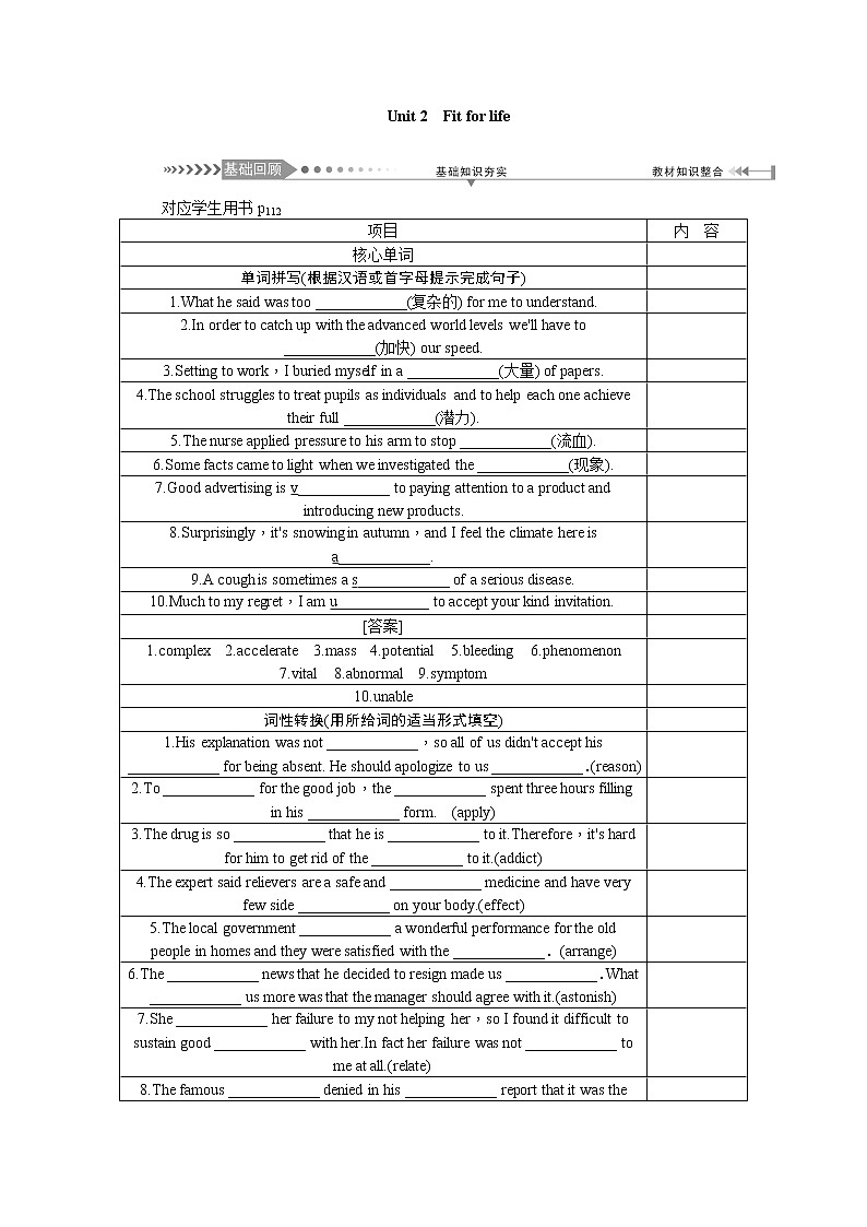 2021新课标名师导学高考英语译林版第一轮总复习讲义：选修7Unit2　Fitforlife第1页
