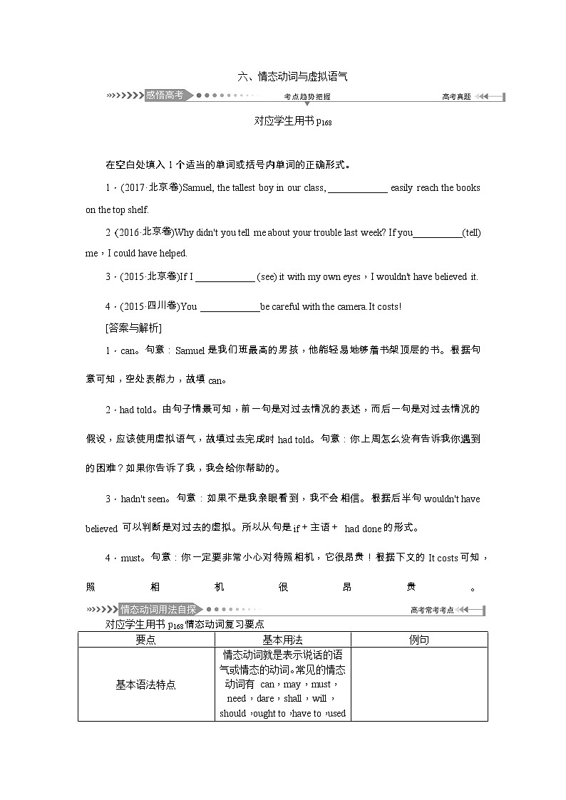 2021新课标名师导学高考英语译林版第一轮总复习讲义：语法六、情态动词与虚拟语气01