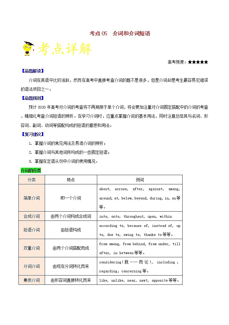 2021届高考英语一轮复习一遍过：考点05介词和介词短语 学案01