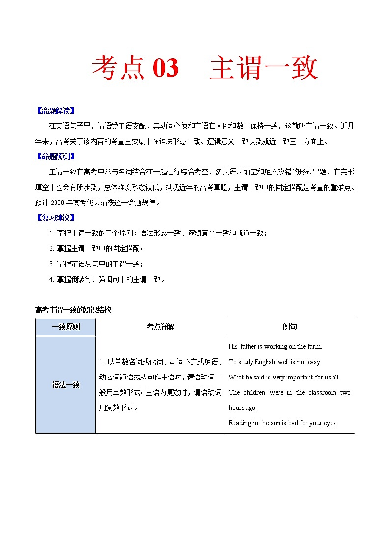 2021届高考英语通用版一轮复习考点专讲：考点03主谓一致学案01