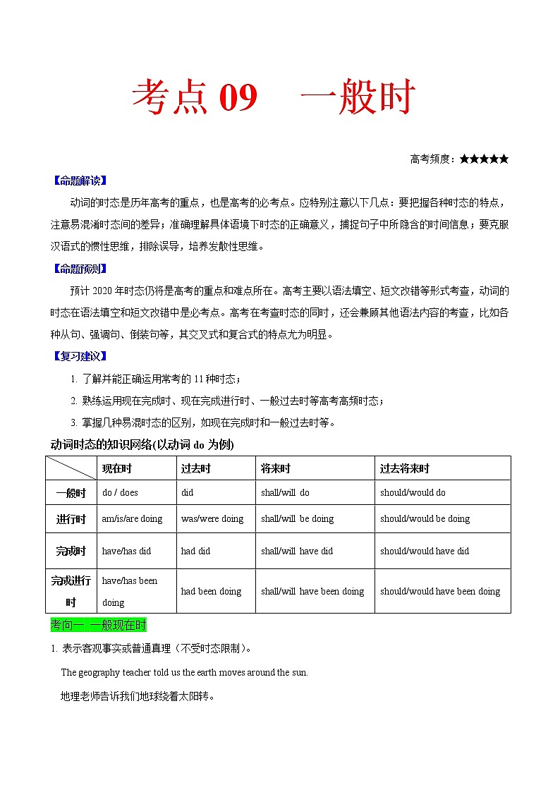 2021届高考英语通用版一轮复习考点专讲：考点09一般时学案01