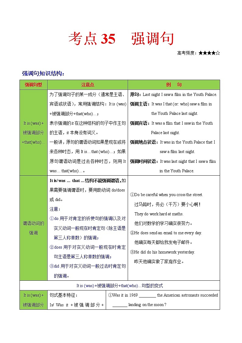 2021届高考英语通用版一轮复习考点专讲：考点35强调句学案01