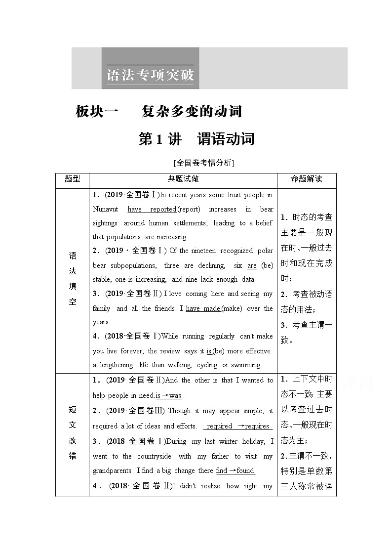 2021高三英语人教版一轮教师用书：板块1第1讲　谓语动词01