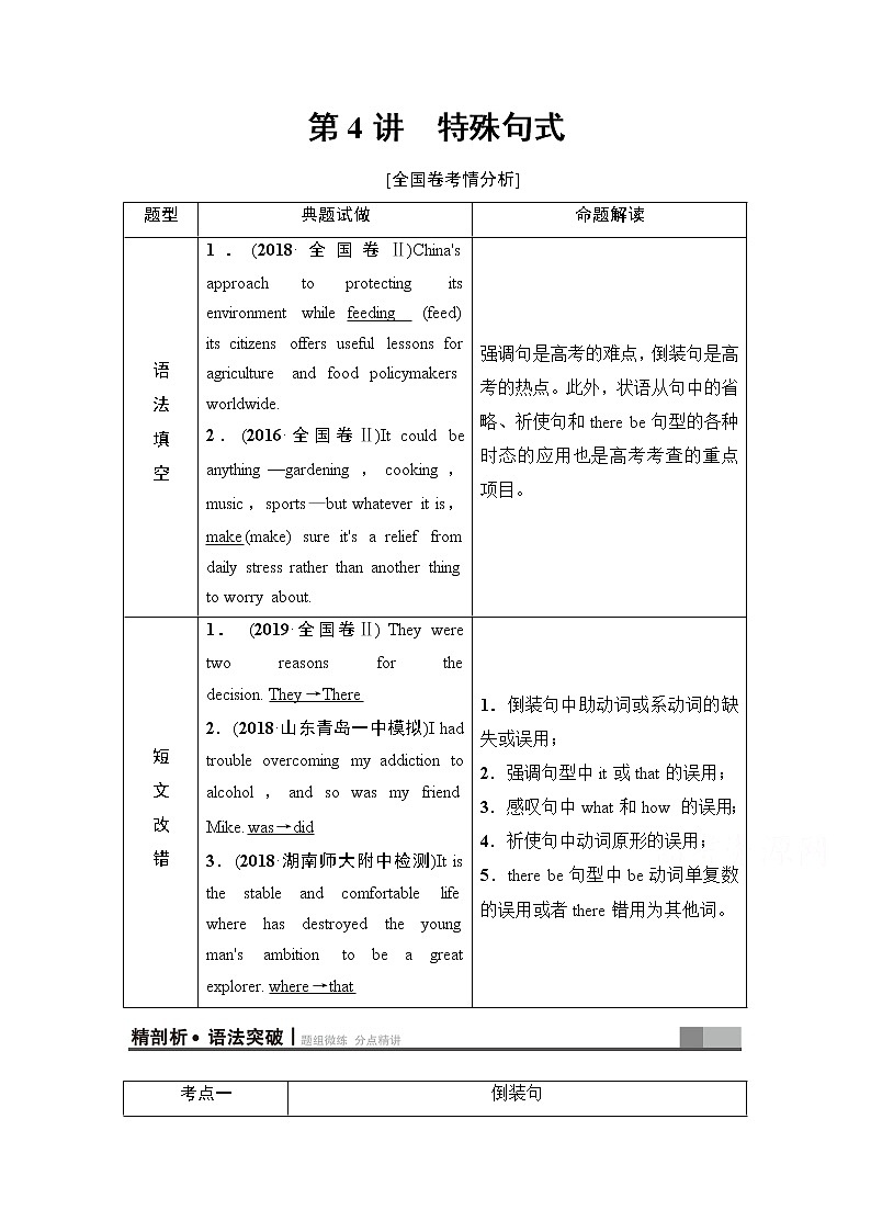 2021高三英语人教版一轮教师用书：板块4第4讲　特殊句式01