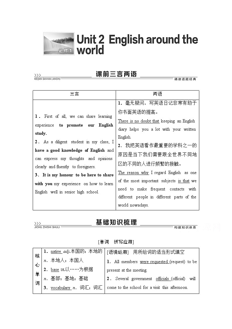 2021高三英语人教版一轮教师用书：必修1Unit2Englisharoundtheworld01