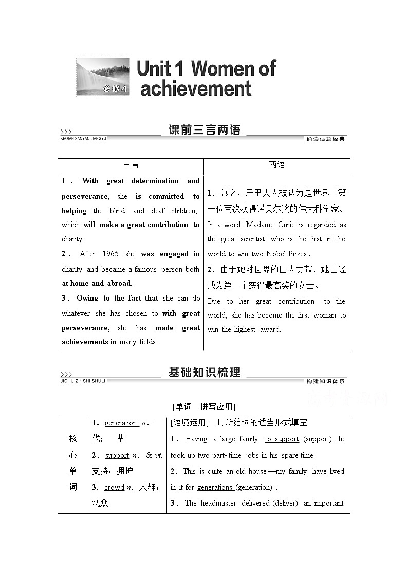 2021高三英语人教版一轮教师用书：必修4Unit1Womenofachievement01