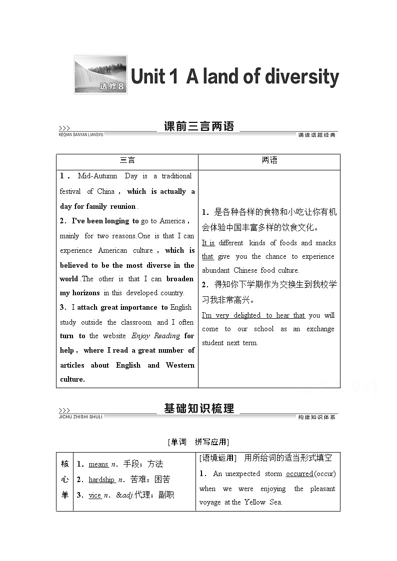 2021高三英语人教版一轮教师用书：选修8Unit1Alandofdiversity第1页