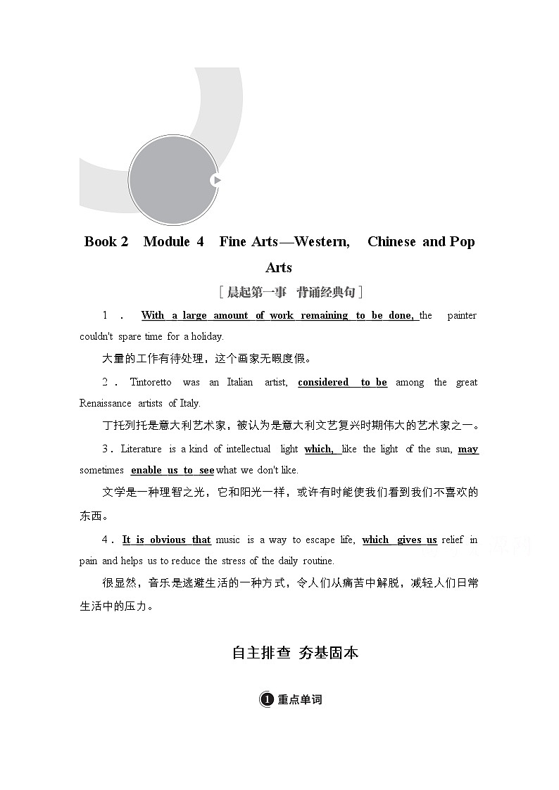 2021高三统考外研英语一轮（经典版）学案：Book2　Module4　FineArts—WesternChineseandPopArts01