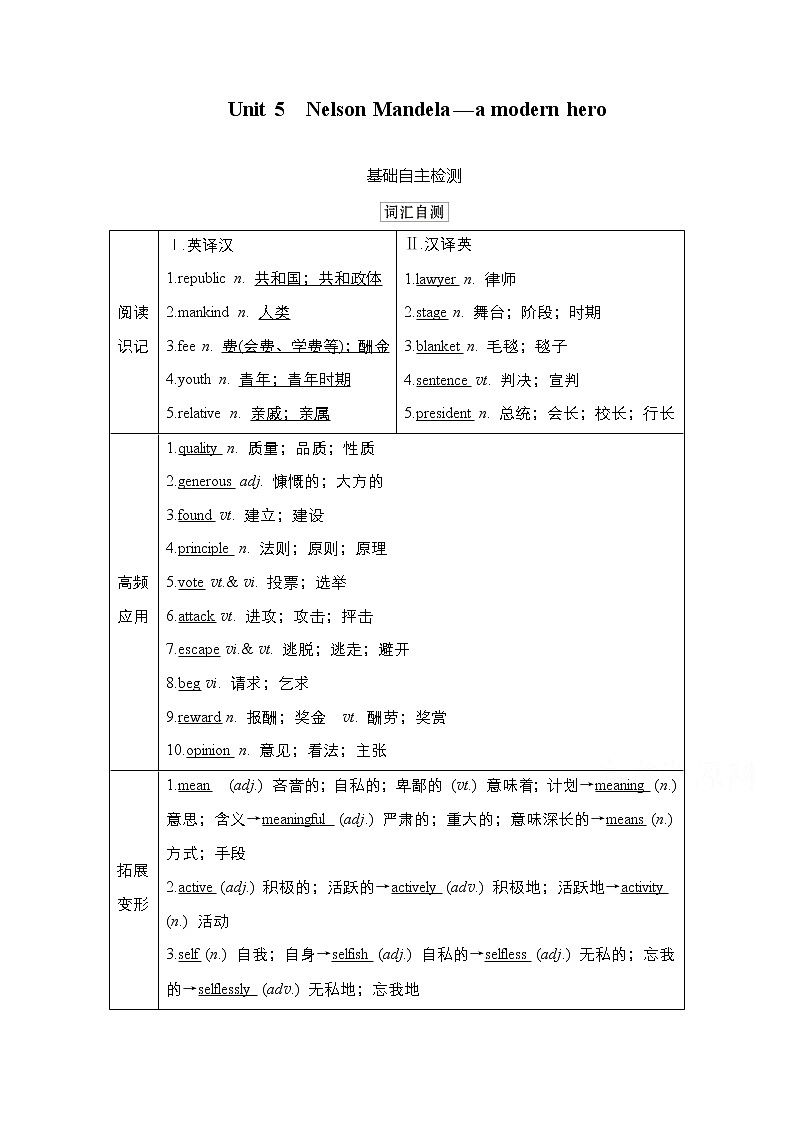 2021高三统考人教英语一轮（经典版）学案：第一部分Book1Unit5NelsonMandela—amodernhero01