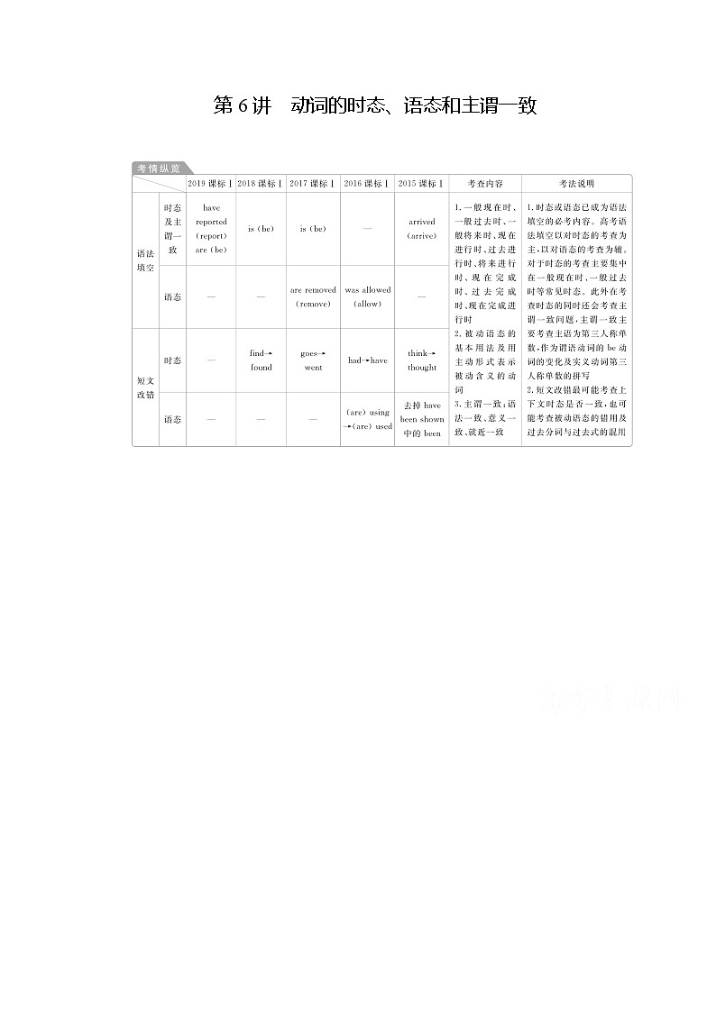 2021高三统考人教英语一轮（经典版）学案：第二部分专题一第6讲动词的时态、语态和主谓一致01