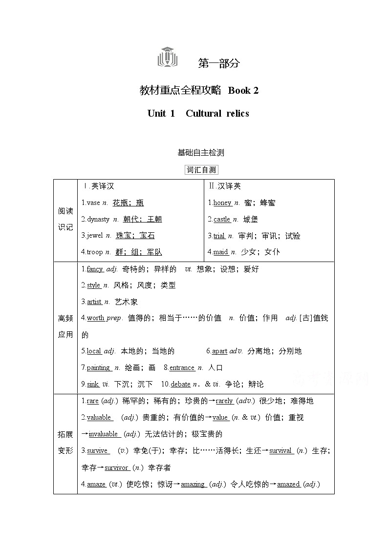 2021高三统考人教英语一轮（经典版）学案：第一部分Book2Unit1Culturalrelics01