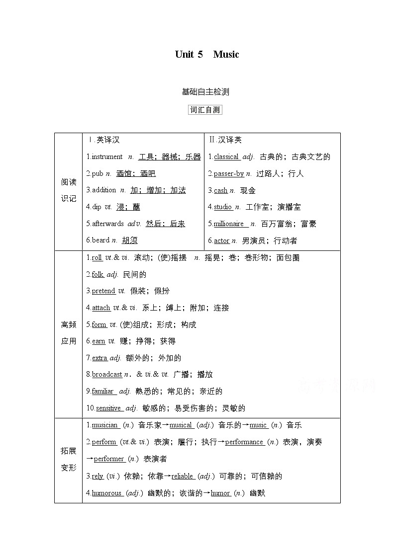 2021高三统考人教英语一轮（经典版）学案：第一部分Book2Unit5Music01