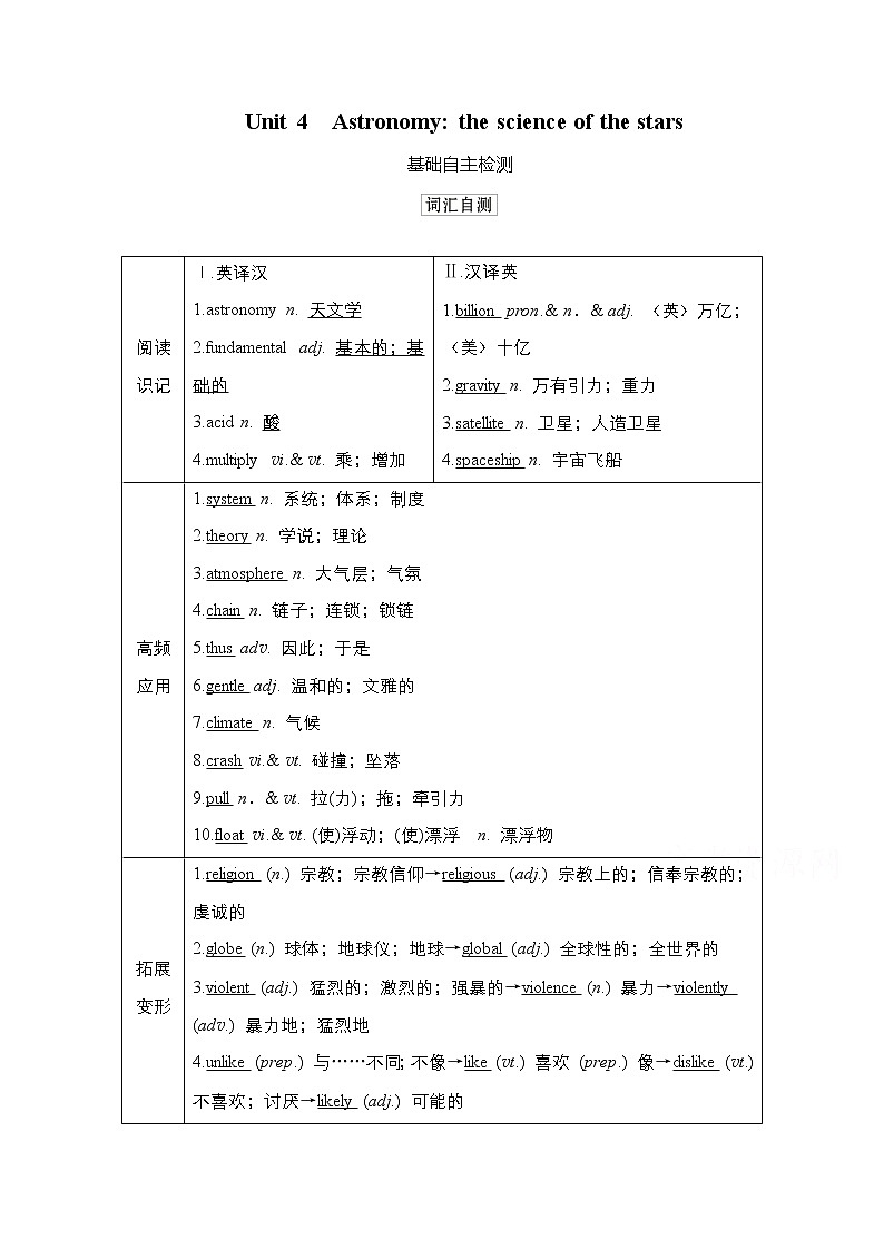 2021高三统考人教英语一轮（经典版）学案：第一部分Book3Unit4Astronomythescience01