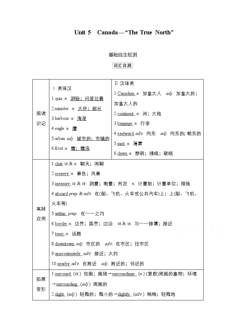 2021高三统考人教英语一轮（经典版）学案：第一部分Book3Unit5Canada—“TheTrueNorth”01