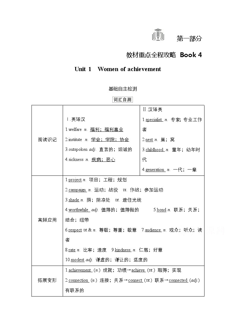 2021高三统考人教英语一轮（经典版）学案：第一部分Book4Unit1Womenofachievement01