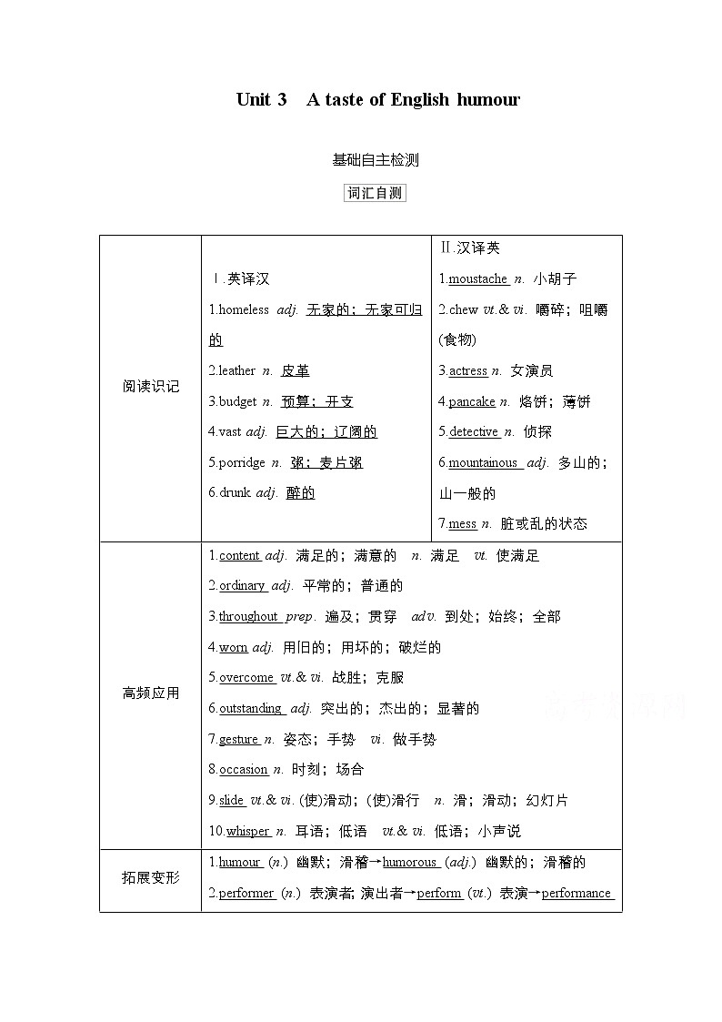 2021高三统考人教英语一轮（经典版）学案：第一部分Book4Unit3AtasteofEnglishhumour01