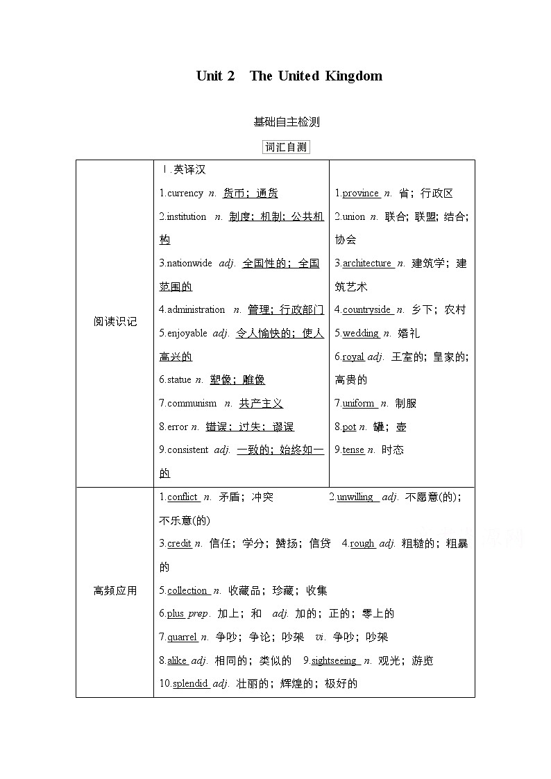2021高三统考人教英语一轮（经典版）学案：第一部分Book5Unit2TheUnitedKingdom01