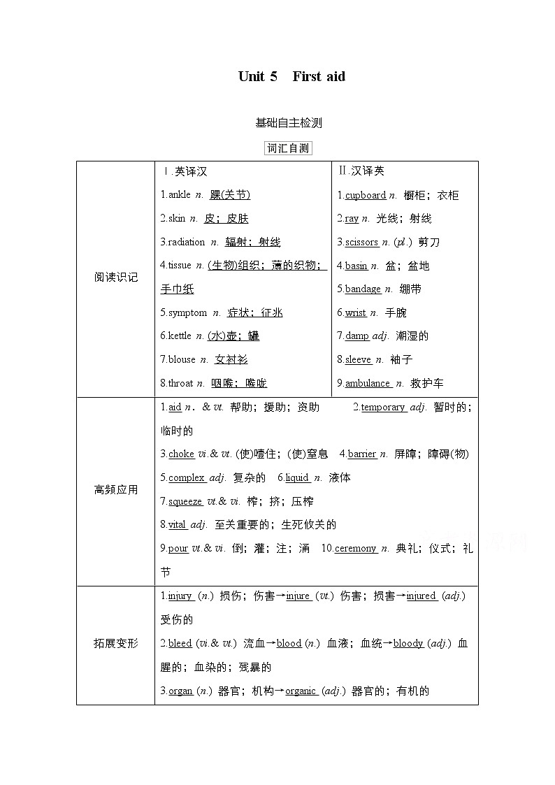 2021高三统考人教英语一轮（经典版）学案：第一部分Book5Unit5Firstaid01