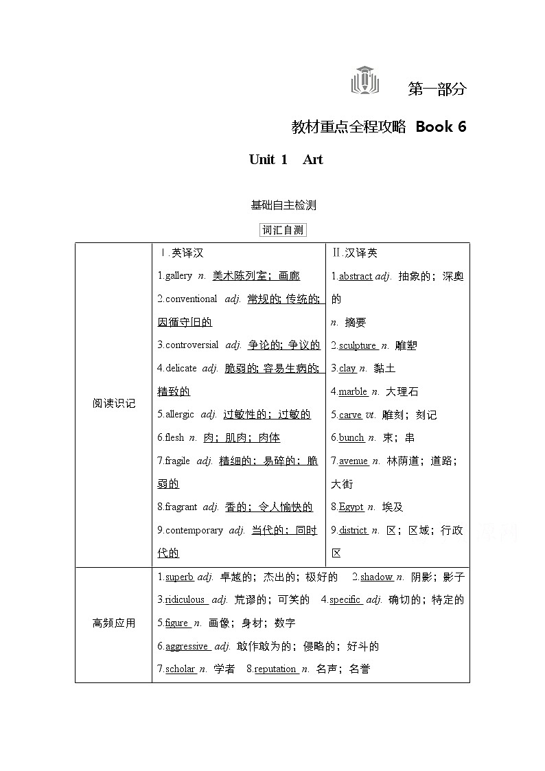 2021高三统考人教英语一轮（经典版）学案：第一部分Book6Unit1Art01