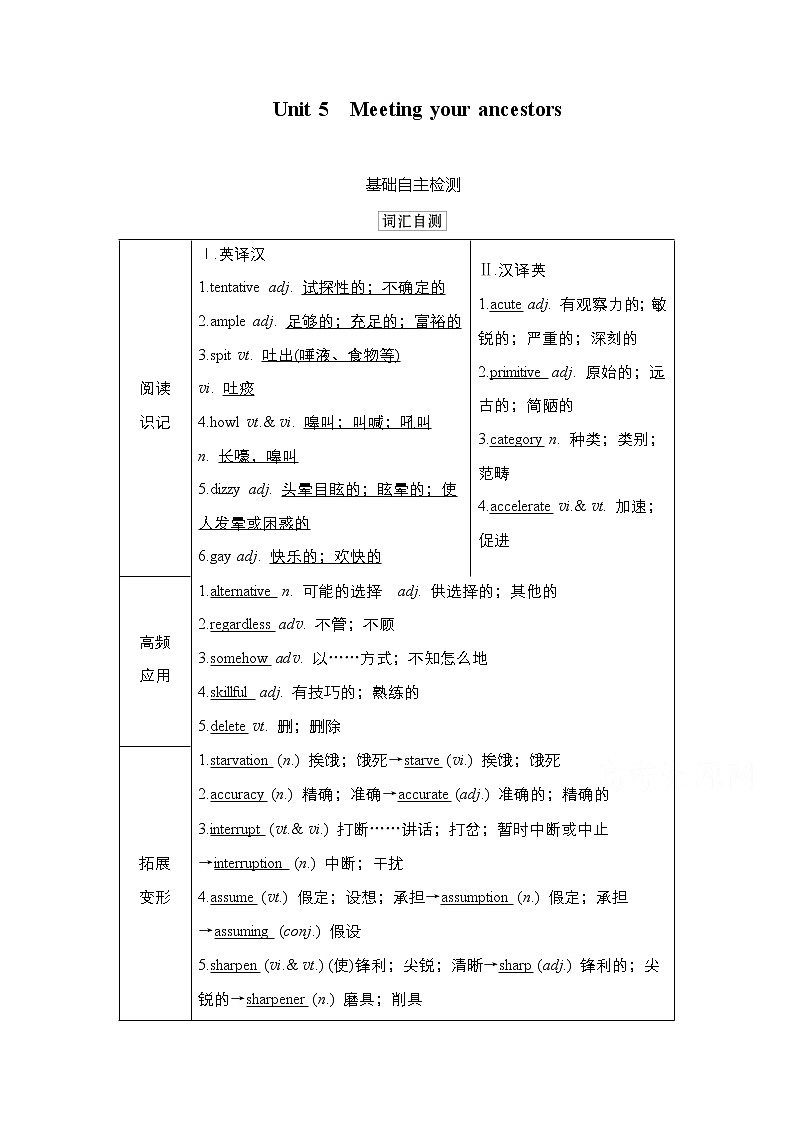 2021高三统考人教英语一轮（经典版）学案：第一部分Book8Unit5Meetingyourancestors01