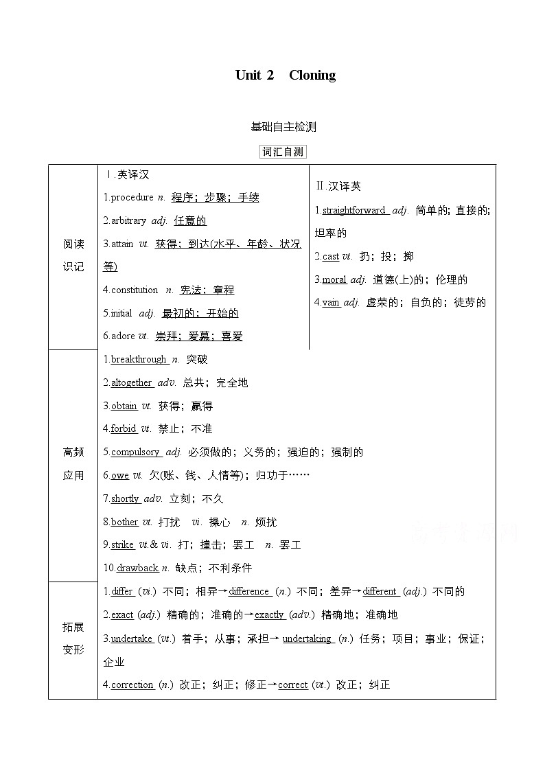2021高三统考人教英语一轮（经典版）学案：第一部分Book8Unit2Cloning01