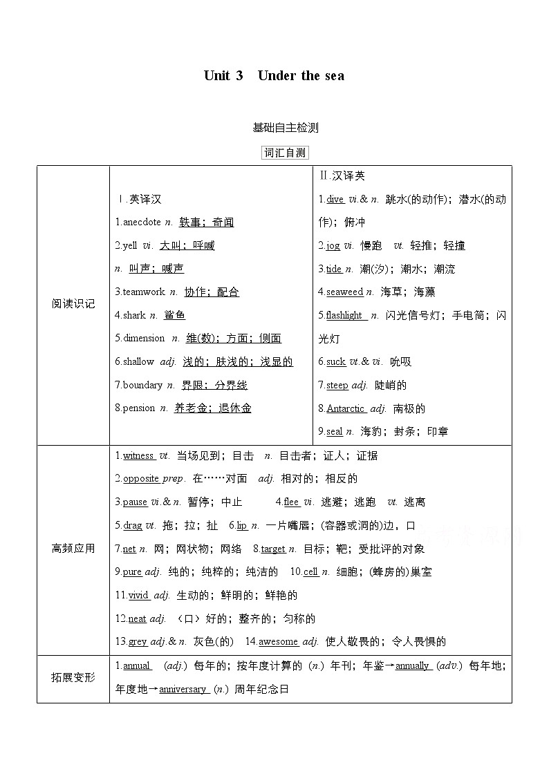 2021高三统考人教英语一轮（经典版）学案：第一部分Book7Unit3Underthesea01
