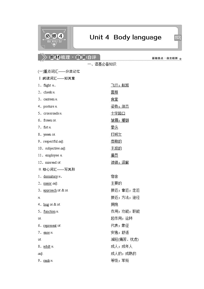 2021版浙江高考英语（人教版）一轮复习基础考点聚焦必修4学案4Unit4　Bodylanguage01