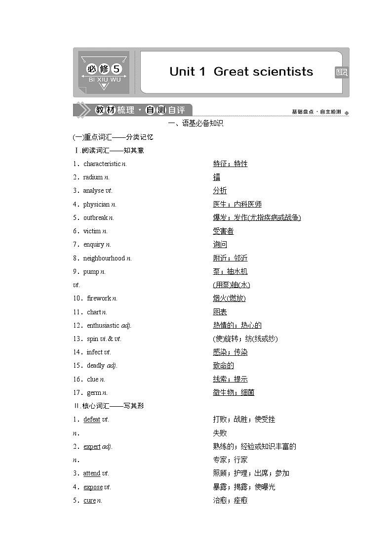 2021版浙江高考英语（人教版）一轮复习基础考点聚焦必修5学案1Unit1　Greatscientists01