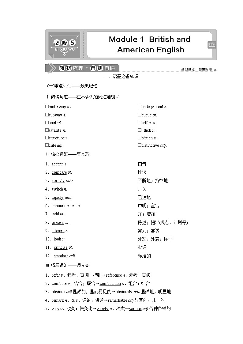 2021版新高考地区高考英语（外研通用版）一轮复习学案：必修51Module1　BritishandAmericanEnglish01