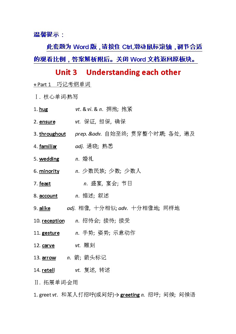 2021版高考英语新课程译林版一轮复习核心知识自查学案：选修6Unit3　Understandingeachother01