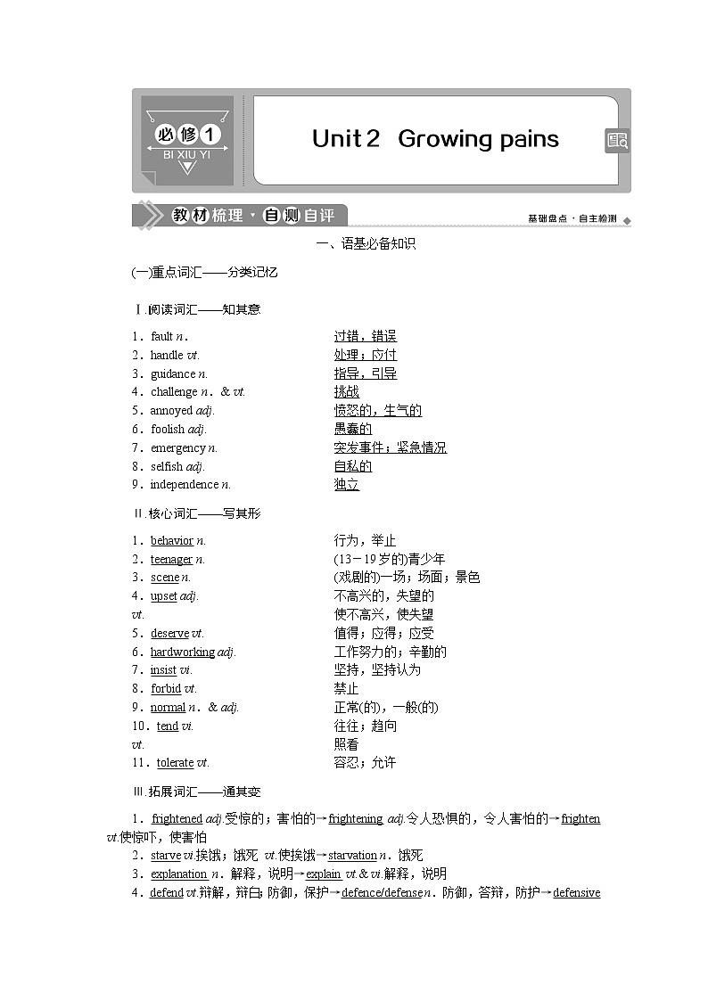 2021版高考英语（译林版）一轮复习基础考点聚焦学案：必修1Unit2　Growingpains01