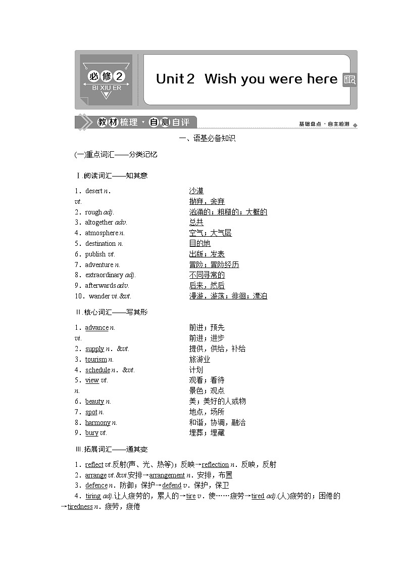 2021版高考英语（译林版）一轮复习基础考点聚焦学案：必修2Unit2　Wishyouwerehere01