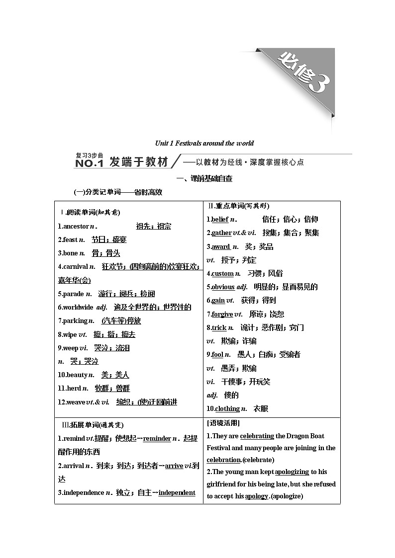 2020高考英语新创新大一轮复习人教全国版讲义：必修3Unit1Festivalsaroundtheworld01
