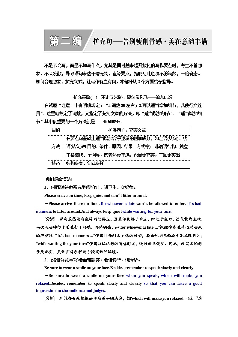 2020高考英语新增分方案大一轮复习外研新课改省份专用讲义：写作第二编扩充句--告别瘦削美感·美在意蕴丰满01