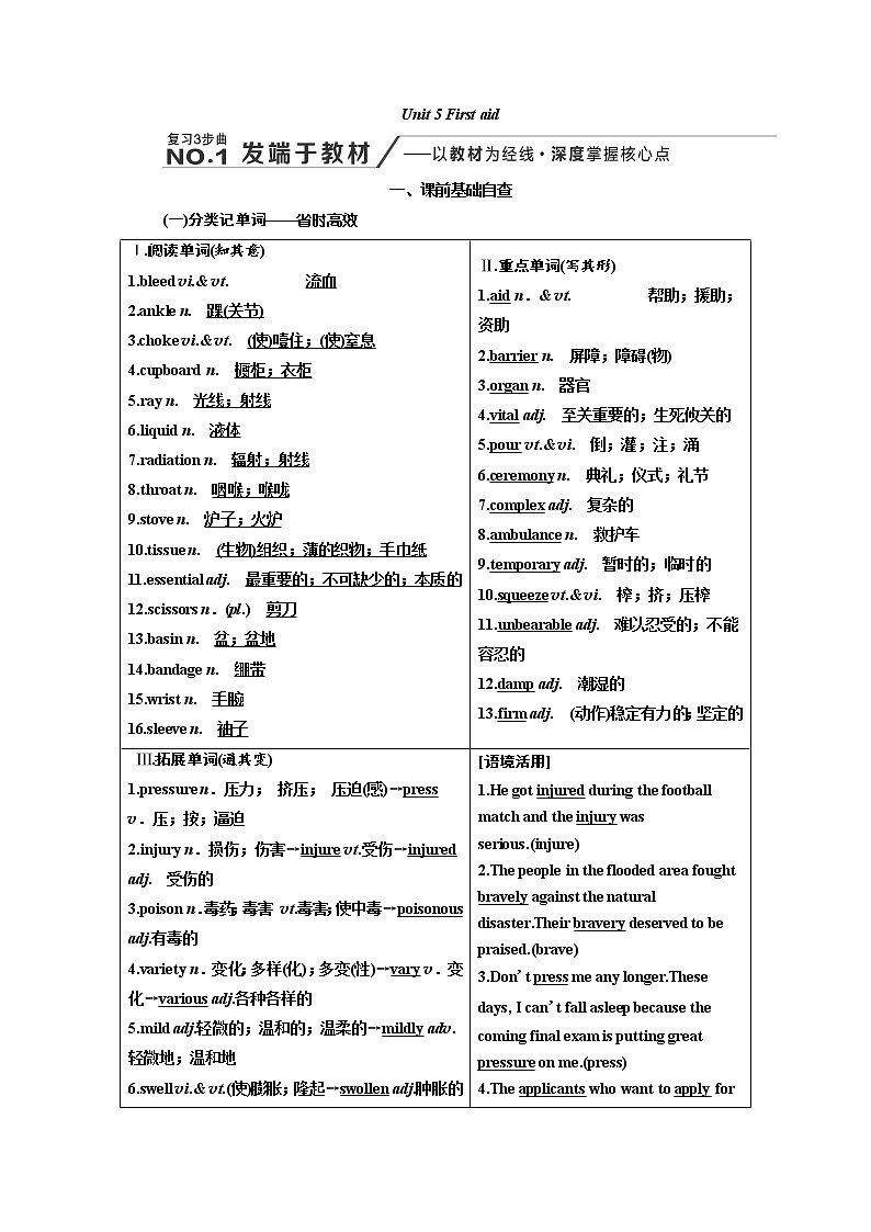2020高考英语新增分方案大一轮人教新课改省份专用讲义：必修5Unit5Firstaid01
